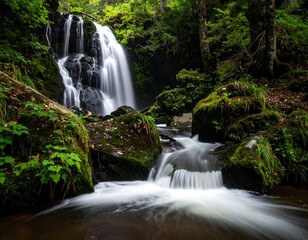 Obraz premium Serene waterfall cascades over moss-covered rocks in lush green forest