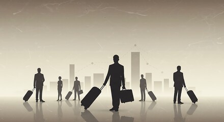Silhouette figures with luggage against a cityscape, with a subtle data visualization