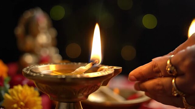 Close-up of a hand lighting a traditional Indian diya lamp with a blurred background of flowers and bokeh lights.