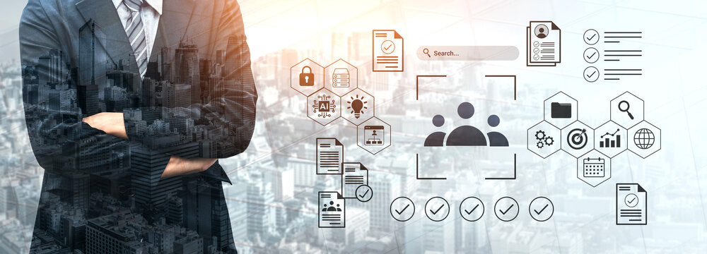 A businessman stands confidently with arms crossed against a backdrop of a city skyline, surrounded by digital icons depicting various data concepts, emphasizing modern technology. Gantry