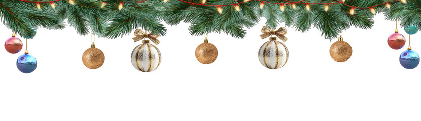 Festive Evergreen Garland with Shimmering Ornaments and Warm Lights on Black Background on a...