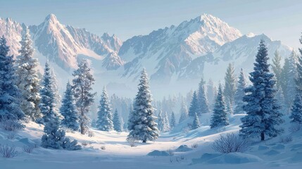Winter wonderland landscape with snow covered christmas trees and scenic mountain range in the background during daytime