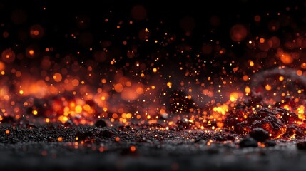 Fire embers particles floating over a dark background with abstract glitter fire sparks lights; high quality realistic rendering