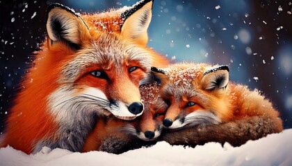 Cozy Fox Family Cuddling in Winter Wonderland