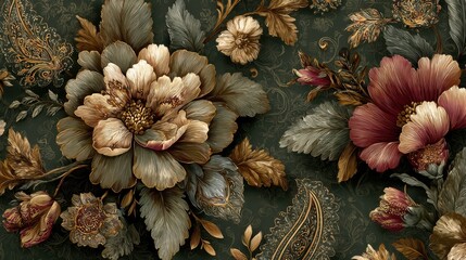 Seamless vector pattern featuring floral elements and intricate paisley motifs on olive green background