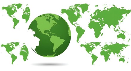 Several green world map illustrations, including a globe and flat projections