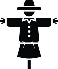 Scarecrow silhouette illustration, rural farming symbol, straw figure on post, agricultural icon, black vector art, cad drawing flat vector illustration