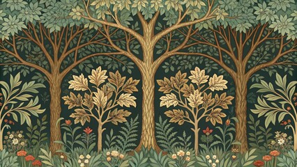 A detailed, symmetrical, seamless pattern featuring oak trees and dense foliage in a classic Arts and Crafts style. Ideal for fabric, wallpaper, history, nature, design, and traditional decor blogs