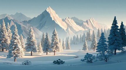 Winter wonderland landscape with snow covered christmas trees and scenic mountain range in the background during daytime