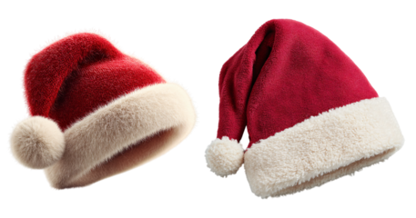 santa hat duo isolated transparent background png, festive christmas cap pair on transparent background png, red santa hats decoration isolated png