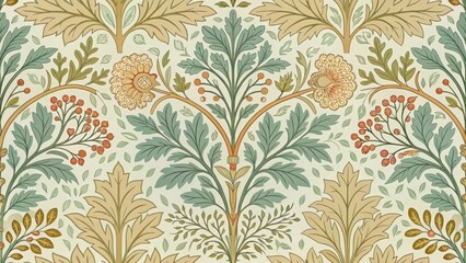 Fototapeta premium beautiful, symmetrical arts and crafts-style seamless pattern with stylized flowers, leaves, and berries in subtle green, beige, and terracotta colors for vintage, decor, textile, or art history sites