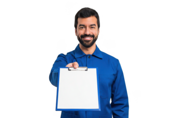 Smiling man in blue uniform holding a blank clipboard isolated on transparent background