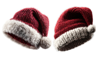 wool santa hat pair isolated transparent background png, knitted christmas caps on transparent background png, festive winter santa hats decoration png