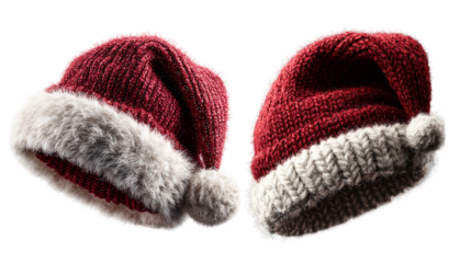 wool santa hat pair isolated transparent background png, knitted christmas caps on transparent background png, festive winter santa hats decoration png