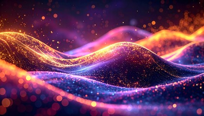 Abstract shimmering waves flow with vibrant orange, purple, and blue hues against a blurred, bokeh-filled background