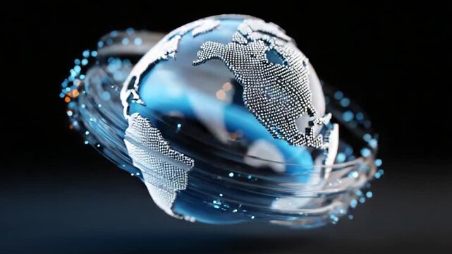 Global Connectivity: A mesmerizing artistic representation of the Earth, encapsulated within a dynamic swirl of interconnected elements, symbolizing global networks and technological advancement.