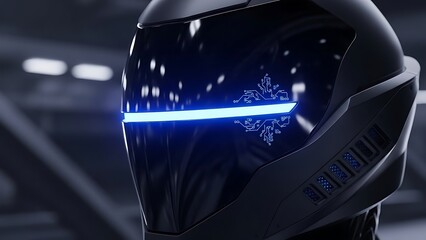 Obraz premium Sleek black futuristic helmet with glowing blue led visor light in dark background 