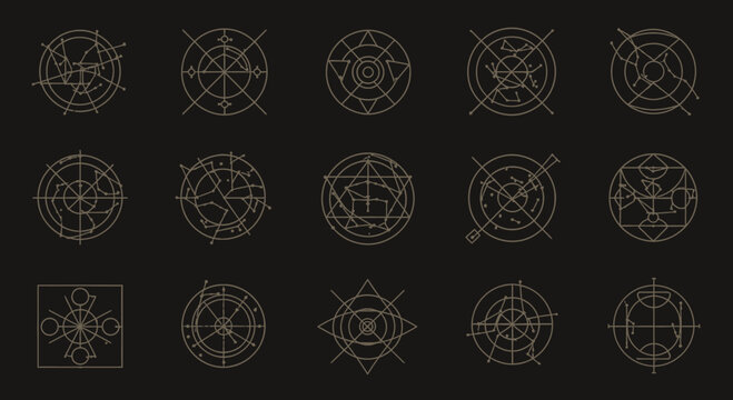 Mystical circular glyphs and arcane symbols collection for fantasy game design, occult rituals, and spiritual branding projects