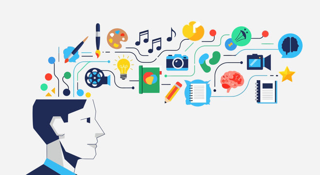 Brainstorming innovation, creativity, and inspiration with colorful icons flowing from a man's head, symbolizing ideas and thought processes.