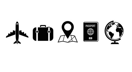 Essential travel icons including airplane, suitcase, map pin, passport, and globe, perfect for global exploration and adventure