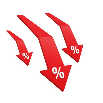 3d red downward arrows with percentage signs isolated on transparent background