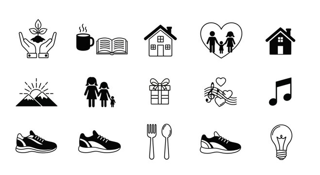 Collection of lifestyle icons representing home, family, hobbies, nature, and everyday objects, perfect for design needs