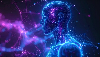 Abstract 3D Conceptual Render of Human Body Filled with Glowing Digital Data and AI Network