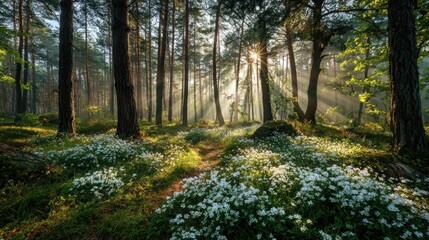 Obraz premium Silent spring forest glows as bright sunlight streams through tall trees illuminating lush mossy ground with scattered stones and the forest floor