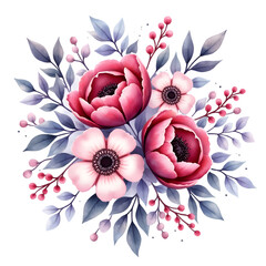 Winter Floral Watercolor Bouquet Clipart &ndash; Neon Crimson, Icy Teal, Frosty Mint, Snow-White Petals, Holly Berries & Winter Greens &ndash; Hand-Painted, Isolated PNG Elements