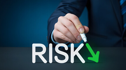 Professional executive actively minimizing business risk by drawing a downward trending arrow on the word RISK