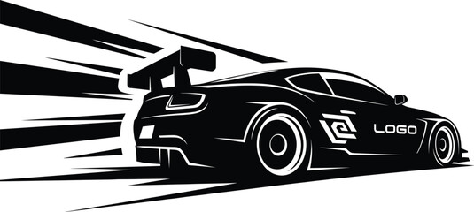 Rear-view sports car icon vector—black silhouette with motion lines and logo space for racing, branding, and automotive themes