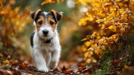 Jack russel terrier puppy sits on a wooden path during autumn, surrounded by leaves on a sunny day, creating a heartwarming outdoor scene