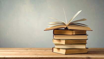"Stack of five books with top book open on wooden surface against plain gray background."