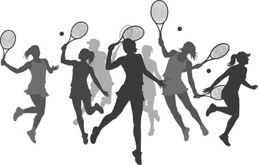 Female tennis player silhouette set, black and white illustration, layered action poses, racket and ball movement, sports concept, white background