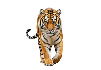 Fototapeta premium Majestic Bengal tiger walking forward, powerful wild cat with orange and black stripes, predatory Siberian tiger in a frontal view isolated on Transparent Background