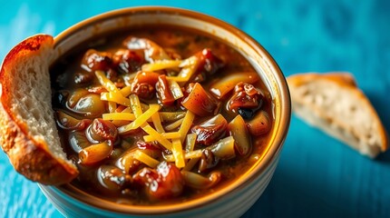 Rich flavor comfort meal gourmet recipe slow cooked onions caramelized onions melted cheese beef broth savory dish crusty bread French Onion Soup on bright blue background
