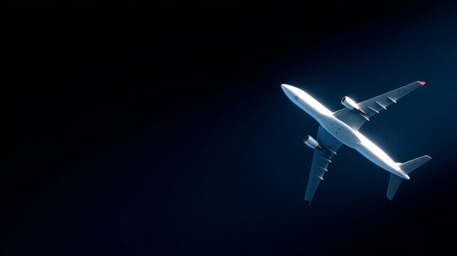 A stunning aerial view of an airplane in flight against a dark background. This image captures the elegance and grace of air travel. Perfect for aviation themes. AI - Powered by Adobe