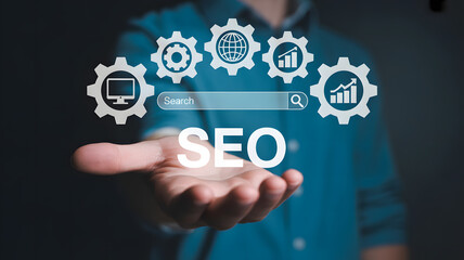 Professional concept for successful digital marketing and search engine optimization strategy displayed over an open hand