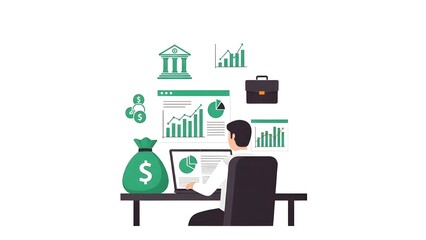 Financial management workspace illustration with banking icons money bag laptop and business charts representing digital finance concept