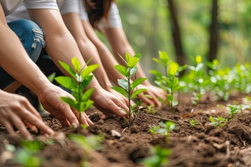 Hands Planting Saplings In Forest Soil