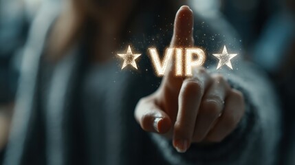 Persons finger touching a screen with a glowing Vip logo and stars, representing a special premium service