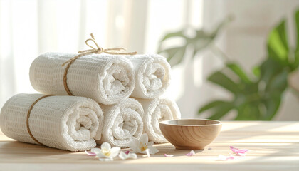 Rolled towels stacked neatly in a spa setting with decorative elements