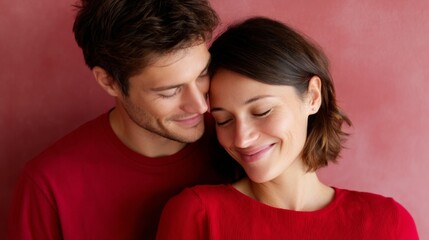 Obraz premium A couple shares a tender moment in matching red outfits. The warm colors enhance the intimacy of their connection. Perfect for love-themed content. AI