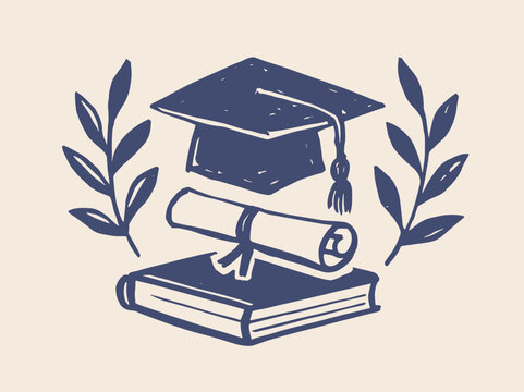 Graduation cap diploma and book hand drawn sketch vector illustration
