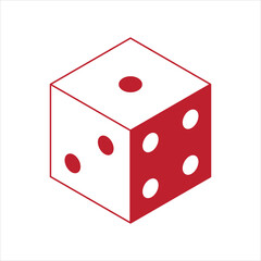 Red and white isometric dice icon showing one, two, four pips Vector
