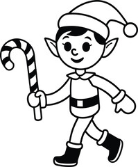 A cheerful cartoon christmas elf wearing a festive hat and outfit holding a striped candy cane isolated on white background.