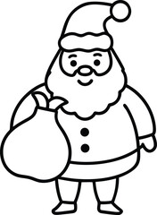 A simple line drawing of a cheerful cartoon santa claus holding a large sack of gifts isolated on white background.
