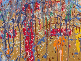 Abstract artwork with dripping blue paint on a yellow background_251207_08