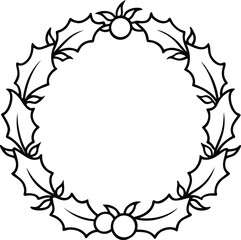 A simple black and white line art illustration of a circular holly wreath with berries isolated on white background.