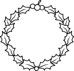 A simple black and white line art illustration of a circular holly wreath with berries isolated on white background.